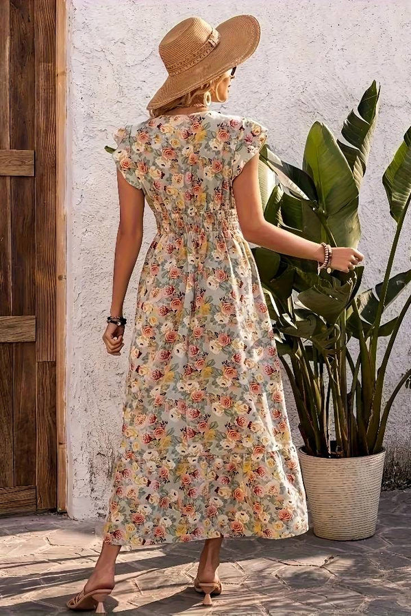 Robe Champêtre Longue Évasée Fleurie Manches Courtes Col V Taille Cintrée Été