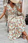 Robe Champêtre Longue Évasée Fleurie Manches Courtes Col V Taille Cintrée Été
