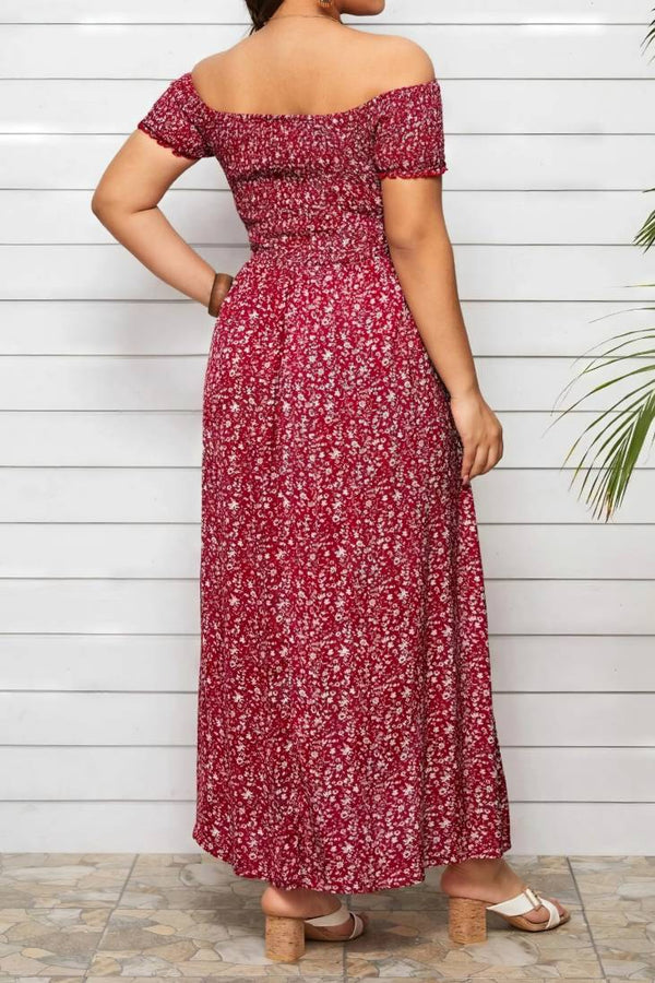 Robe Champêtre Longue Grande Taille Col Bardot Épaules Dénudées Coupe A-Line Fendue Fleurie