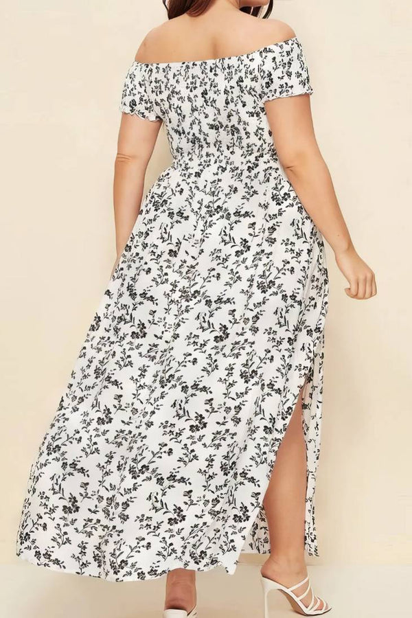 Robe Champêtre Longue Grande Taille Col Bardot Épaules Dénudées Coupe A-Line Fendue Fleurie
