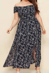 Robe Champêtre Longue Grande Taille Col Bardot Épaules Dénudées Coupe A-Line Fendue Fleurie