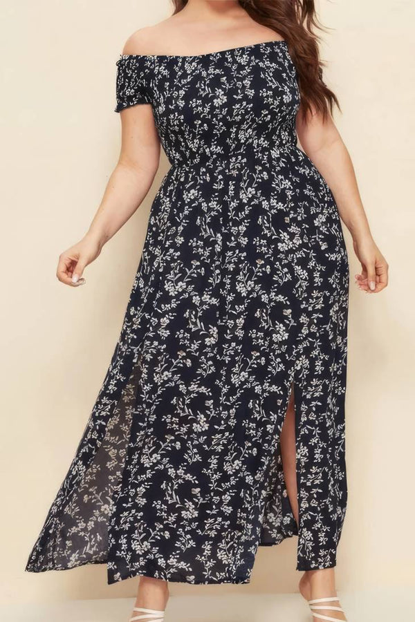 Robe Champêtre Longue Grande Taille Col Bardot Épaules Dénudées Coupe A-Line Fendue Fleurie