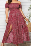 Robe Champêtre Longue Grande Taille Col Bardot Épaules Dénudées Coupe A-Line Fendue Fleurie