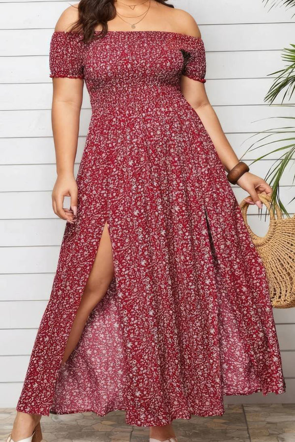 Robe Champêtre Longue Grande Taille Col Bardot Épaules Dénudées Coupe A-Line Fendue Fleurie