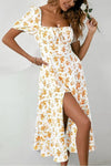 Robe Champêtre Longue Imprimé Floral Manches Bouffantes Col Carré Buste Fendu