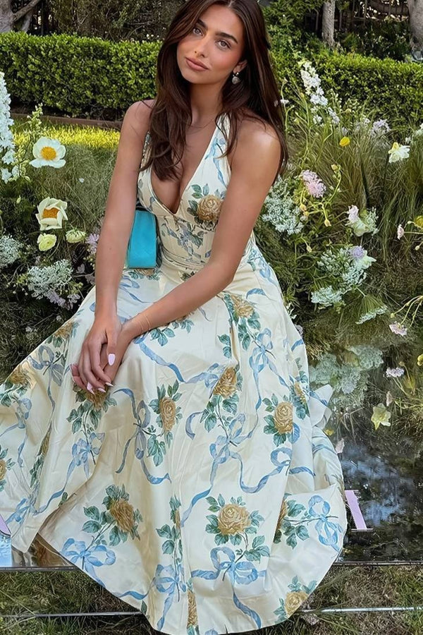 Robe Champêtre Longue Imprimée Florale Col Licou Dos Nu Midi Évasée Élégante
