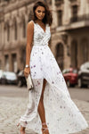 Robe Champêtre Longue Mousseline De Soie Imprimée Fleurs Sexy Col En V Dos Nu Fente Latérale