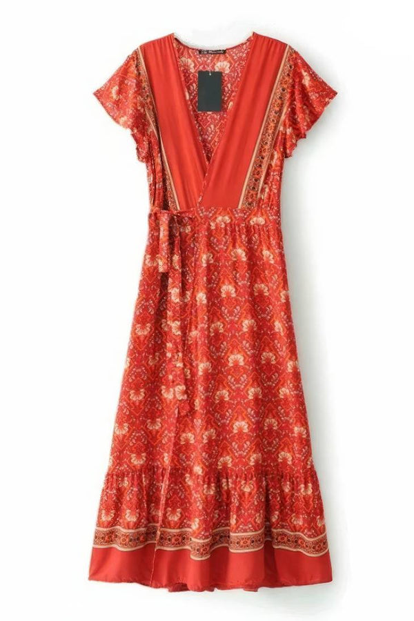 Robe Champêtre Longue Rouge Florale Cache-Cœur Col En V Style Bohème Fendue