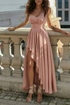 Robe Champêtre Longue Sexy Col En V Ourlet Asymétrique Plissée Soirée Demoiselle D’Honneur Rose