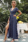 Robe Champêtre Maxi À Pois Col En V Manches Courtes Fendue Taille Ceinturée Été