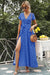 Robe Champêtre Maxi À Pois Col En V Manches Courtes Fendue Taille Ceinturée Été