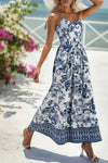 Robe Champêtre Maxi Bretelles Spaghetti Col Cœur Sans Manches Coupe Évasée Imprimé Bleu