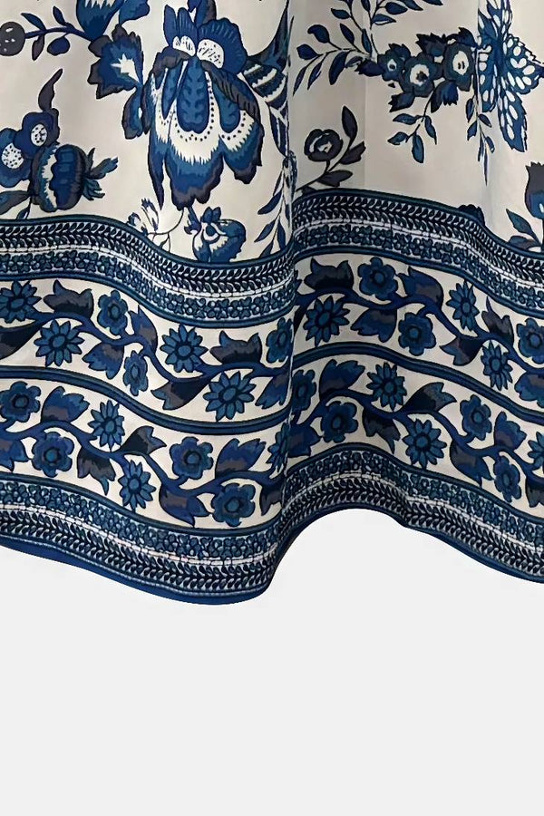 Robe Champêtre Maxi Bretelles Spaghetti Col Cœur Sans Manches Coupe Évasée Imprimé Bleu