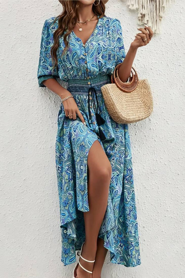 Robe Champêtre Maxi Col V Manches 3/4 Taille Ceinturée Coupe Portefeuille Ourlet Asymétrique Fendue