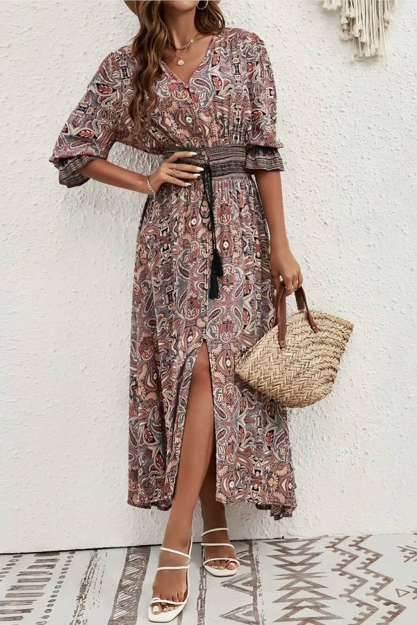 Robe Champêtre Maxi Col V Manches 3/4 Taille Ceinturée Coupe Portefeuille Ourlet Asymétrique Fendue