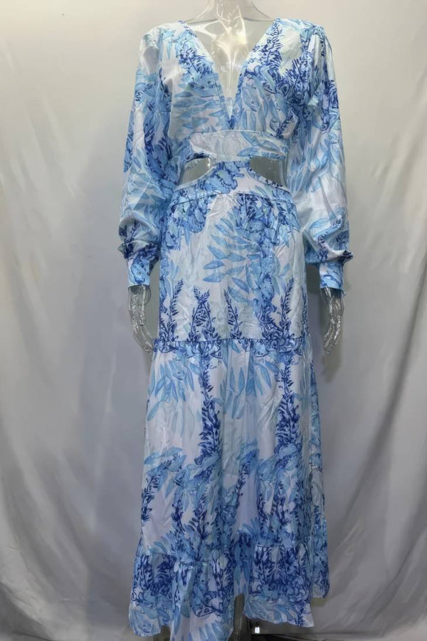 Robe Champêtre Maxi Col V Profond Manches Longues Taille Ajourée Coupe Évasée Volantée