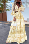 Robe Champêtre Maxi Col V Profond Manches Longues Taille Ajourée Coupe Évasée Volantée