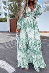 Robe Champêtre Maxi Col V Profond Manches Longues Taille Ajourée Coupe Évasée Volantée