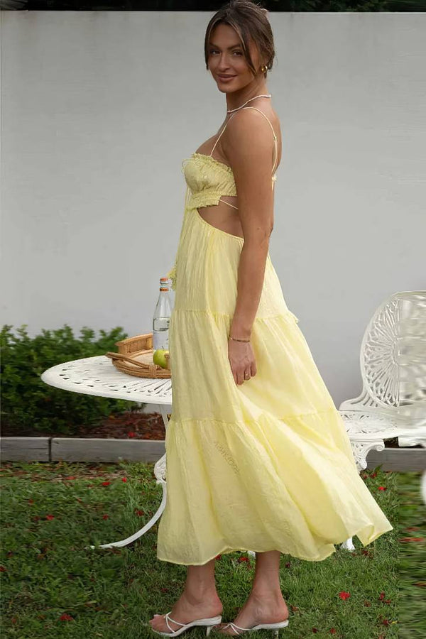 Robe Champêtre Maxi Dos Nu Col Droit Bretelles Spaghetti Taille Empire Fluide Bohème Été Élégante