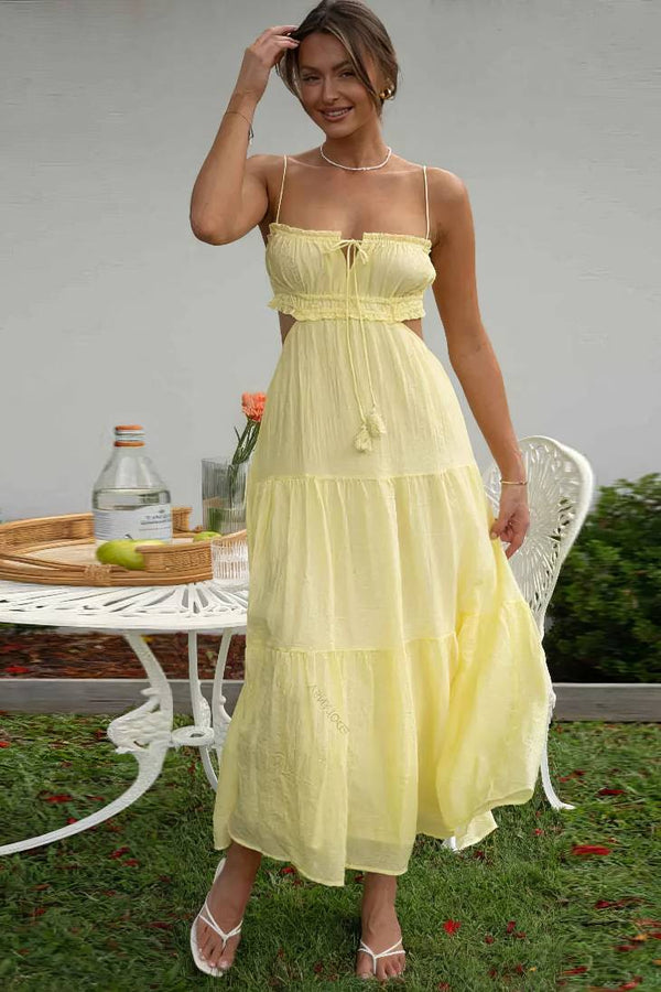 Robe Champêtre Maxi Dos Nu Col Droit Bretelles Spaghetti Taille Empire Fluide Bohème Été Élégante