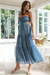 Robe Champêtre Maxi Dos Nu Col Droit Bretelles Spaghetti Taille Empire Fluide Bohème Été Élégante