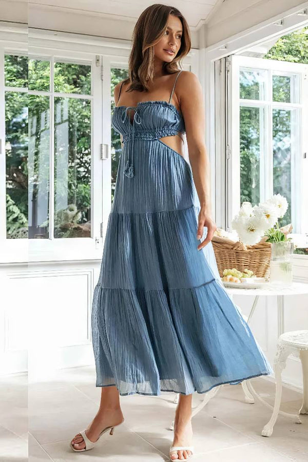 Robe Champêtre Maxi Dos Nu Col Droit Bretelles Spaghetti Taille Empire Fluide Bohème Été Élégante