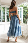 Robe Champêtre Maxi Dos Nu Col Droit Bretelles Spaghetti Taille Empire Fluide Bohème Été Élégante