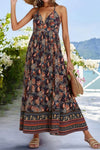 Robe Champêtre Maxi Fleurie Col Plongeant Bretelles Fines Sans Manches Coupe Évasée