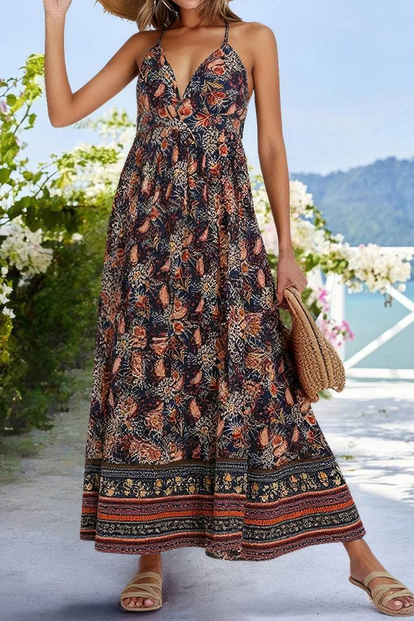 Robe Champêtre Maxi Fleurie Col Plongeant Bretelles Fines Sans Manches Coupe Évasée