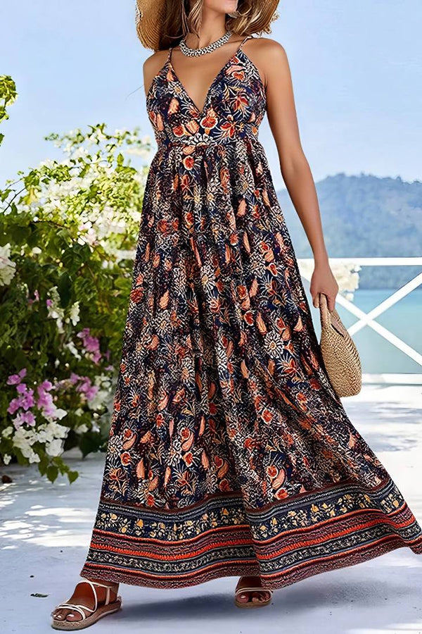 Robe Champêtre Maxi Fleurie Col Plongeant Bretelles Fines Sans Manches Coupe Évasée
