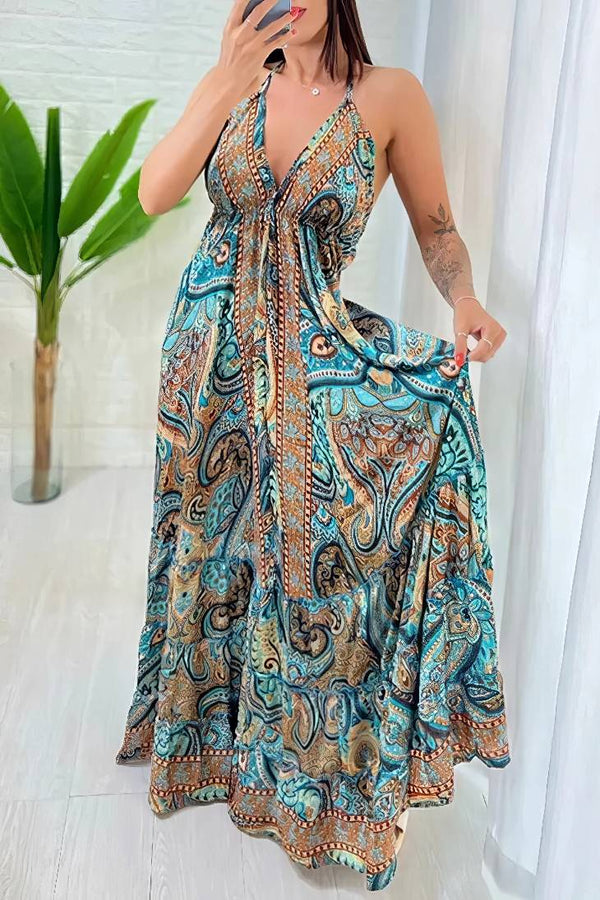 Robe Champêtre Maxi Imprimé Tribal Col En V Bretelles Fines Dos Nu Fluide