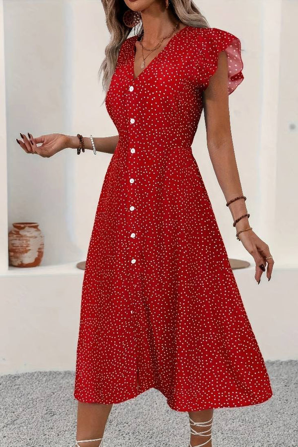 Robe Champêtre Mi-Longue À Pois Boutonnée Col En V Manches Volantées Fendue Été Rouge