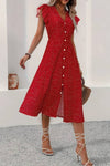Robe Champêtre Mi-Longue À Pois Boutonnée Col En V Manches Volantées Fendue Été Rouge