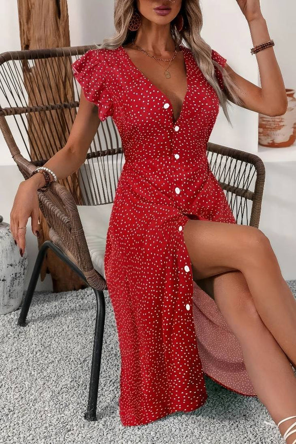 Robe Champêtre Mi-Longue À Pois Boutonnée Col En V Manches Volantées Fendue Été Rouge