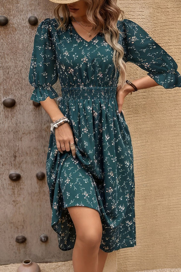 Robe Champêtre Mi-Longue Vert Sapin À Fleurs Col V