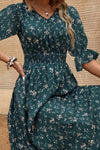 Robe Champêtre Mi-Longue Vert Sapin À Fleurs Col V