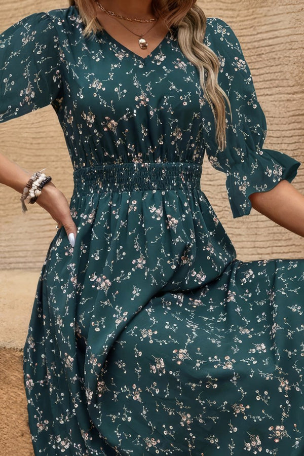 Robe Champêtre Mi-Longue Vert Sapin À Fleurs Col V