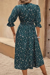 Robe Champêtre Mi-Longue Vert Sapin À Fleurs Col V