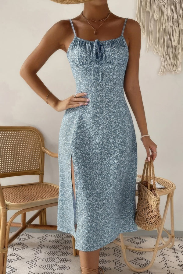 Robe Champêtre Midi À Fines Bretelles Imprimé Fleuri Coupe A Fente Latérale
