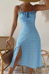 Robe Champêtre Midi À Fines Bretelles Imprimé Fleuri Coupe A Fente Latérale