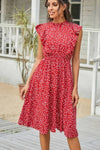 Robe Champêtre Midi À Pois Manches Volantées Col Rond Coupe Évasée