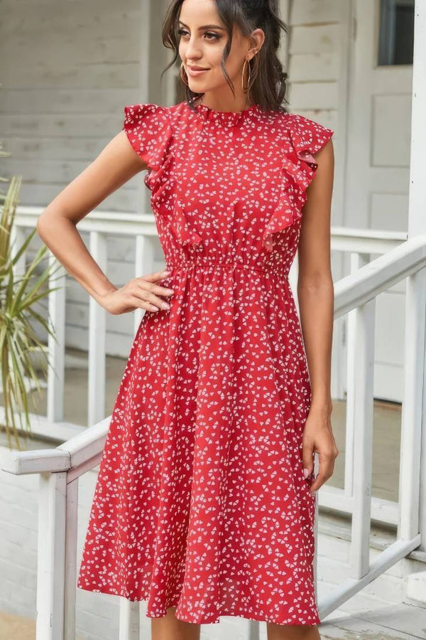 Robe Champêtre Midi À Pois Manches Volantées Col Rond Coupe Évasée
