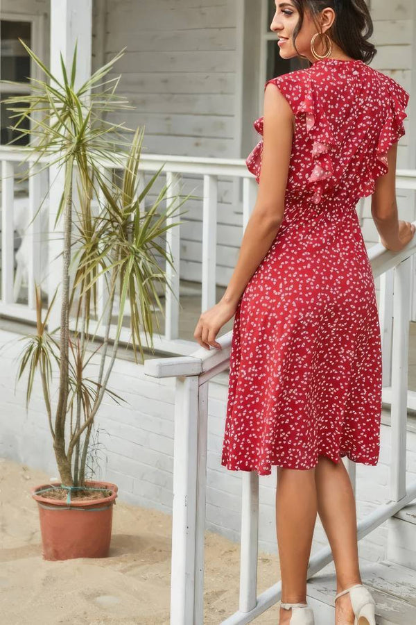 Robe Champêtre Midi À Pois Manches Volantées Col Rond Coupe Évasée