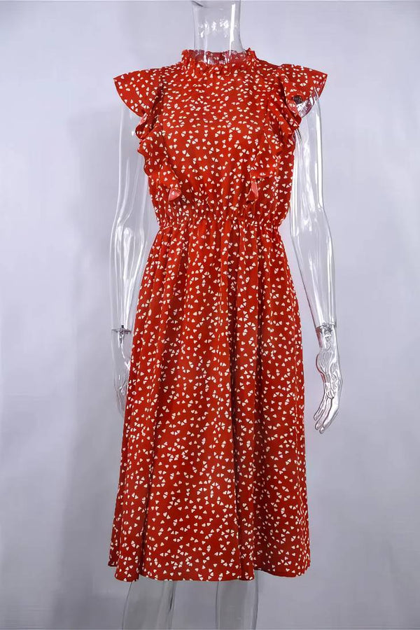 Robe Champêtre Midi À Pois Manches Volantées Col Rond Coupe Évasée