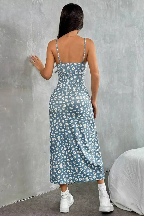 Robe Champêtre Midi Col Carré Bretelles Fines Coupe Fourreau Fendue Fleurie