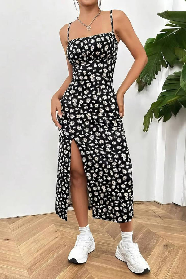 Robe Champêtre Midi Col Carré Bretelles Fines Coupe Fourreau Fendue Fleurie