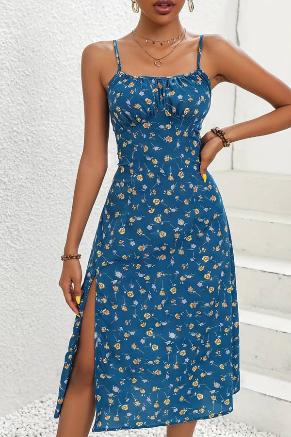 Robe Champêtre Midi Col Carré Bretelles Fines Sans Manches Fendue Fleurie