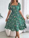 Robe Champêtre Midi Col Carré Manches Bouffantes Coupe A-Line Fleurie