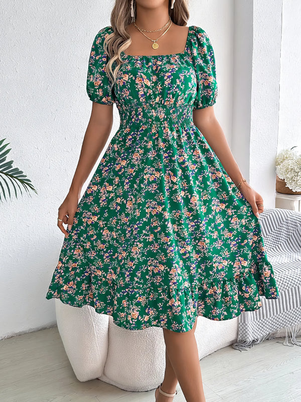 Robe Champêtre Midi Col Carré Manches Bouffantes Coupe A-Line Fleurie