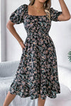 Robe Champêtre Midi Col Carré Manches Bouffantes Coupe A-Line Fleurie